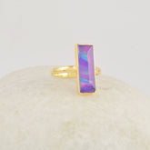 Purple Opal Ring, Aurora 6x18mm Rectangular Gemstone Silver Ring, Handcrafted 18k Gold Plated silver 925 Ring, Purple Gemstone Ring For Mom